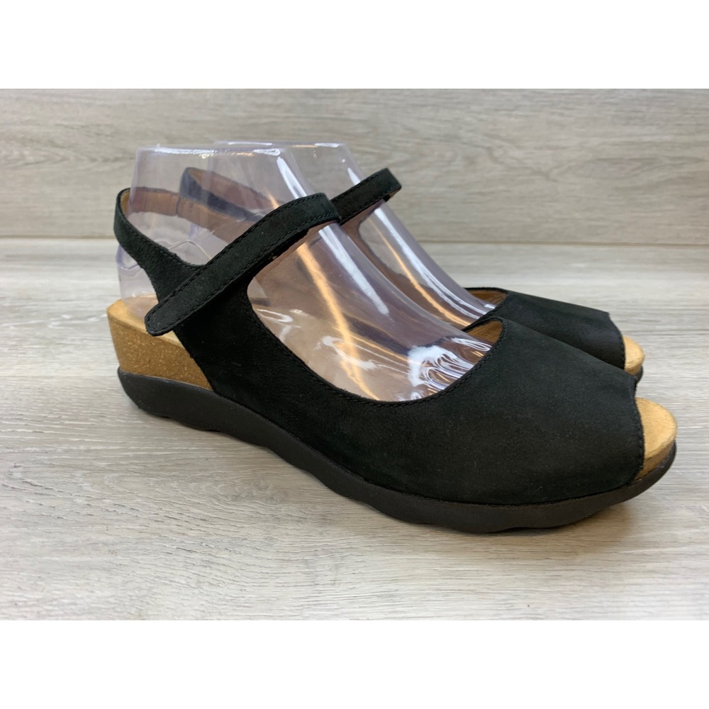 Dansko Black Leather Peep Toe Wedge Sandals Ankle Strap Women's 9.5 Shoes
